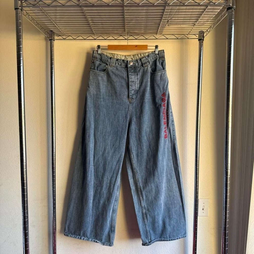 Blue Medium wash Balenciaga Jnco Style wideleg baggy denim jeans red logo - Picture 2 of 8